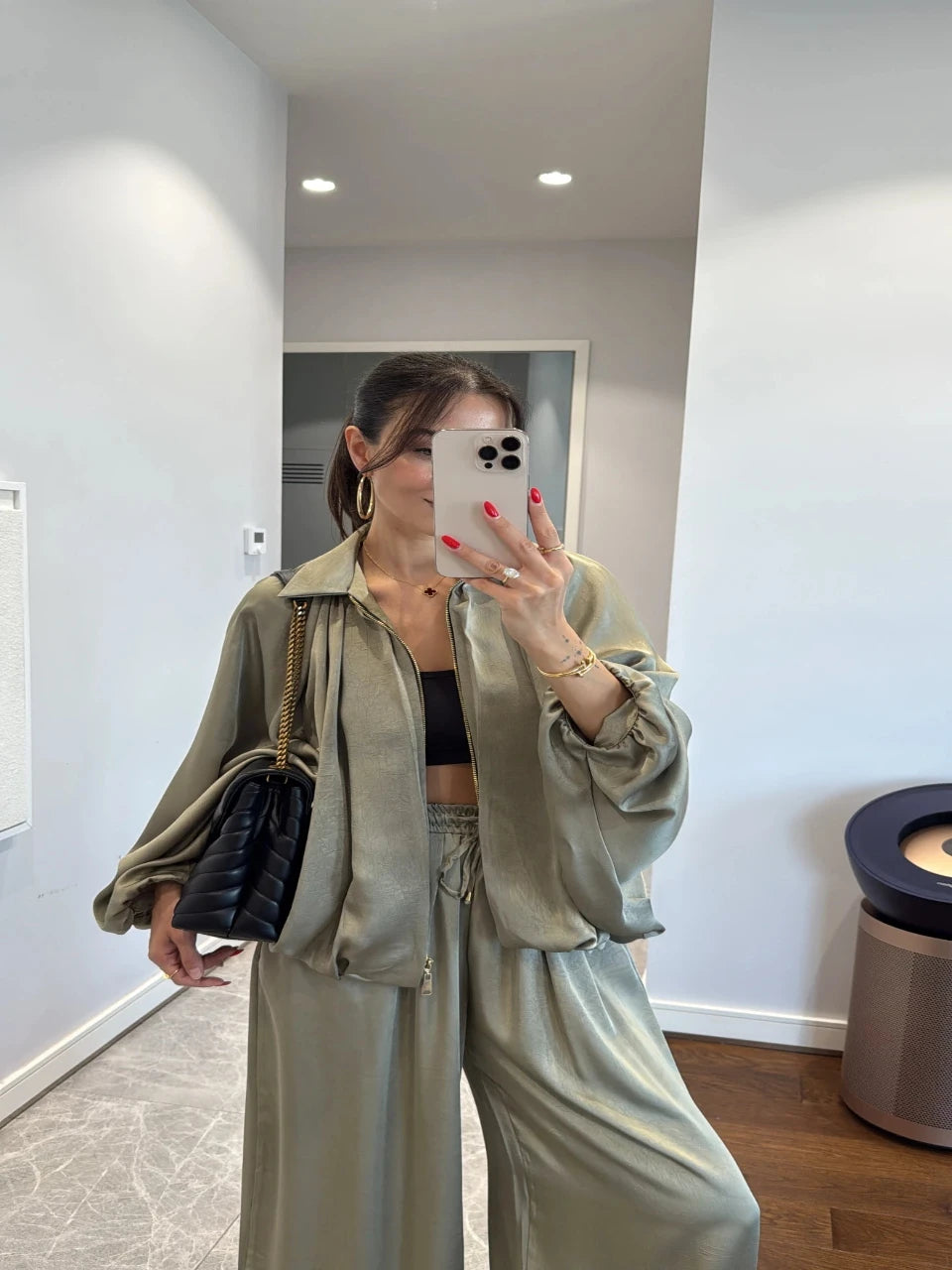 Satin Bomber Jacket and Pants Set Green