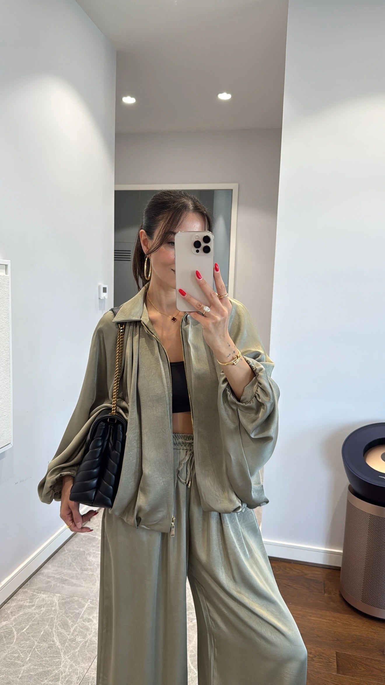 Satin Bomber Jacket and Pants Set Green