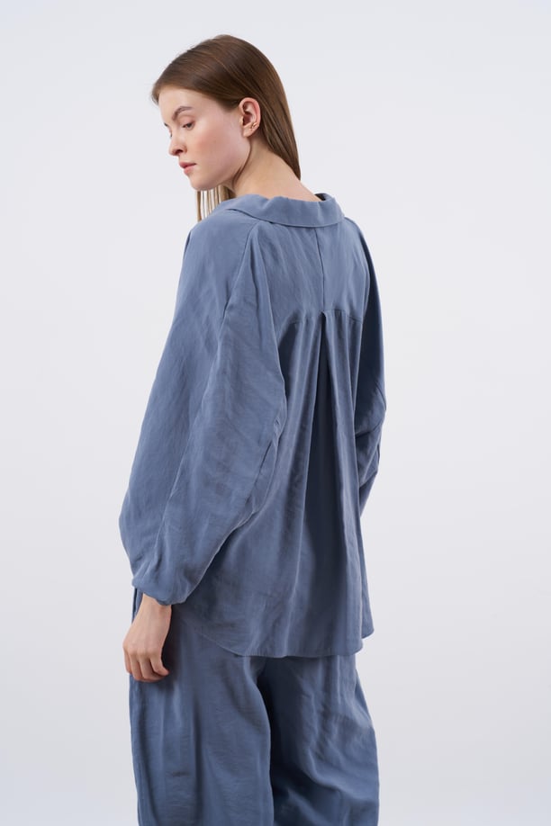 Dusty Blue Luxe Tencel Co-Ord — Relaxed Balloon Pants & Button-Down Top