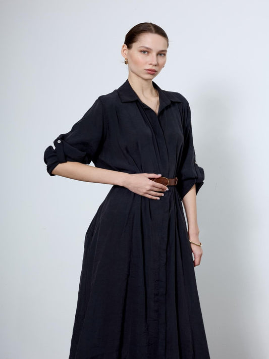 The Tencel Belted Shirt Dress Black - Standard Size