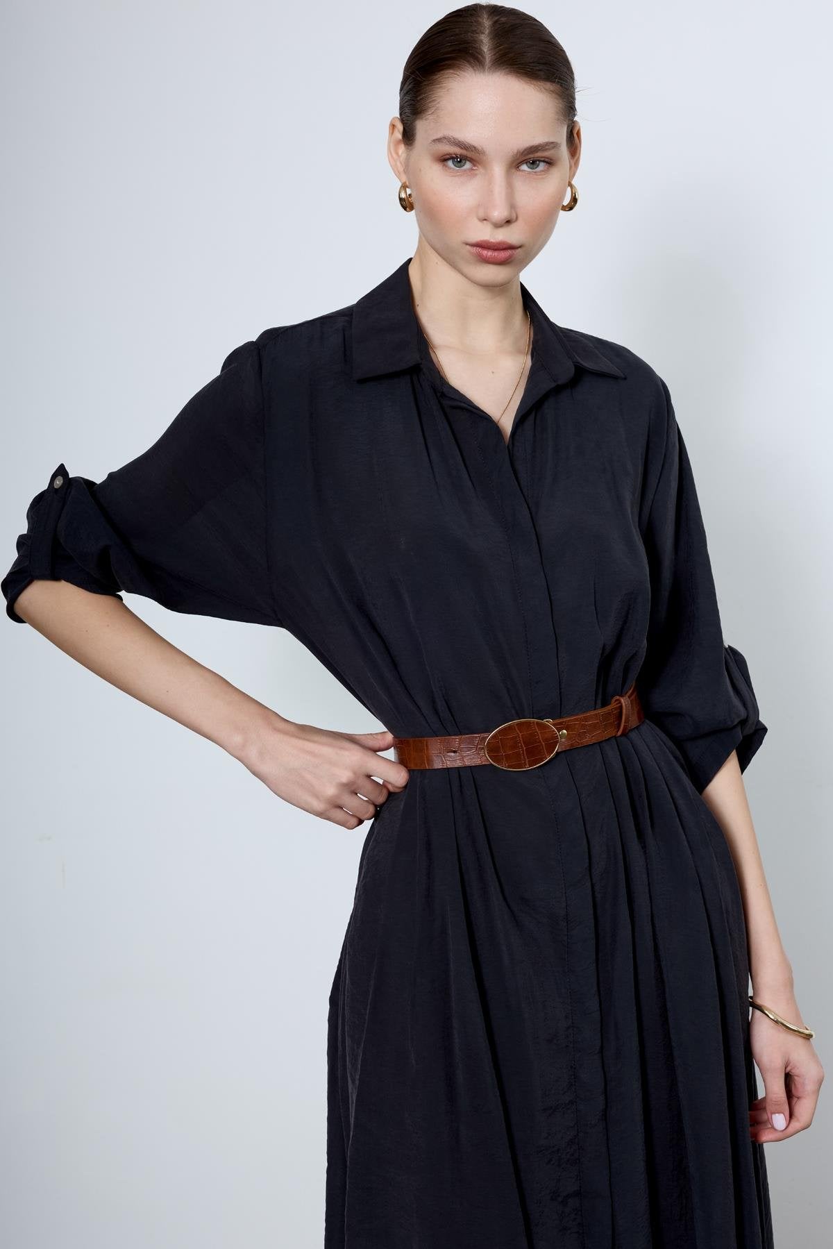 The Tencel Belted Shirt Dress Black - Standard Size