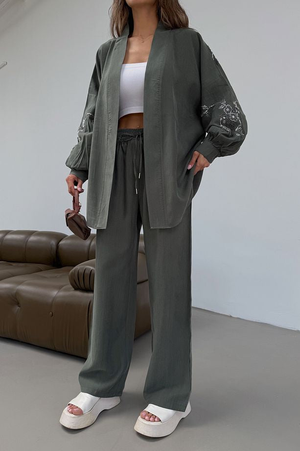 Green Blossom Beaded Tencel Kimono Set