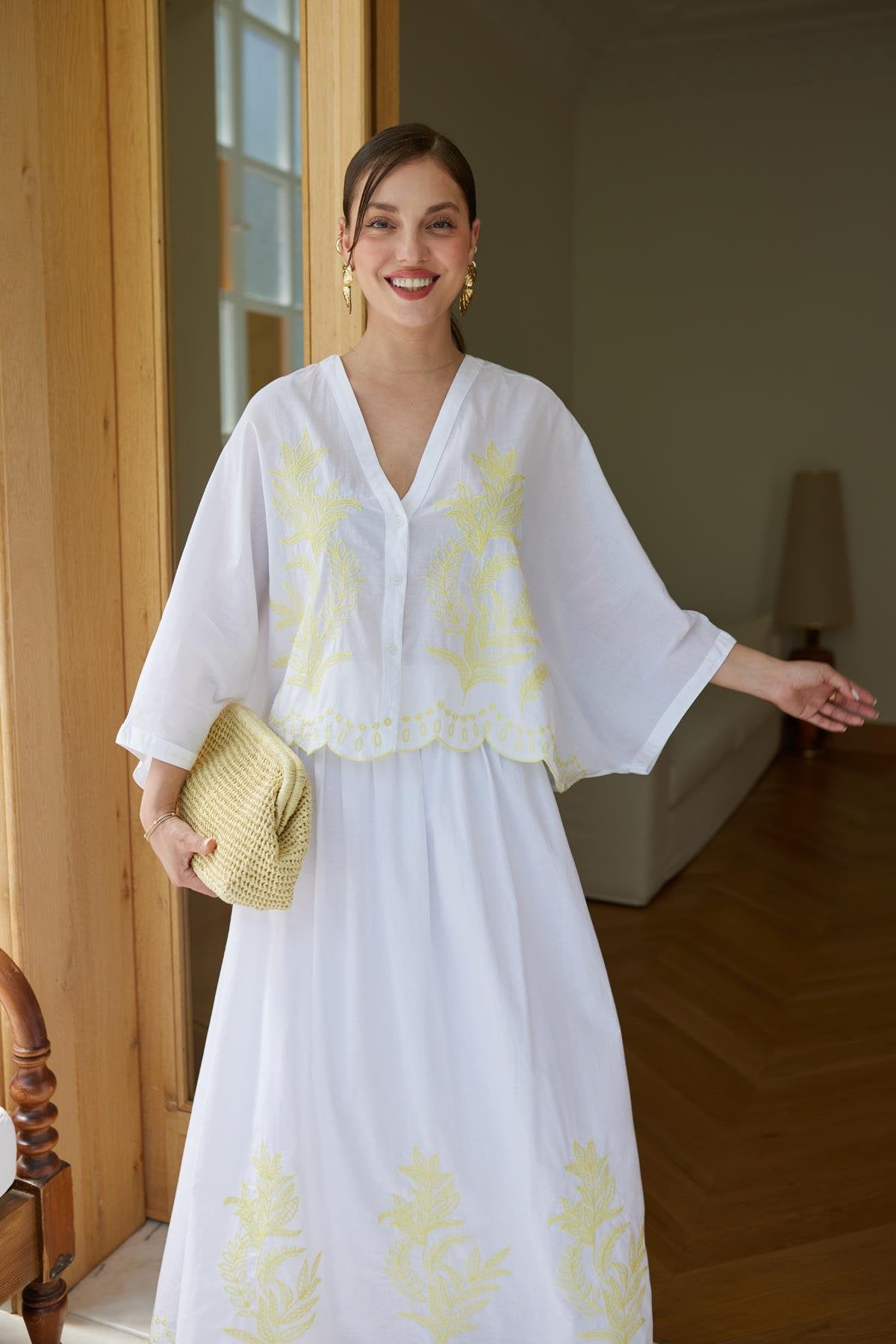 White-Yellow V-Neck Batwing Sleeve Embroidered Shirt & Skirt Set - Standard Size