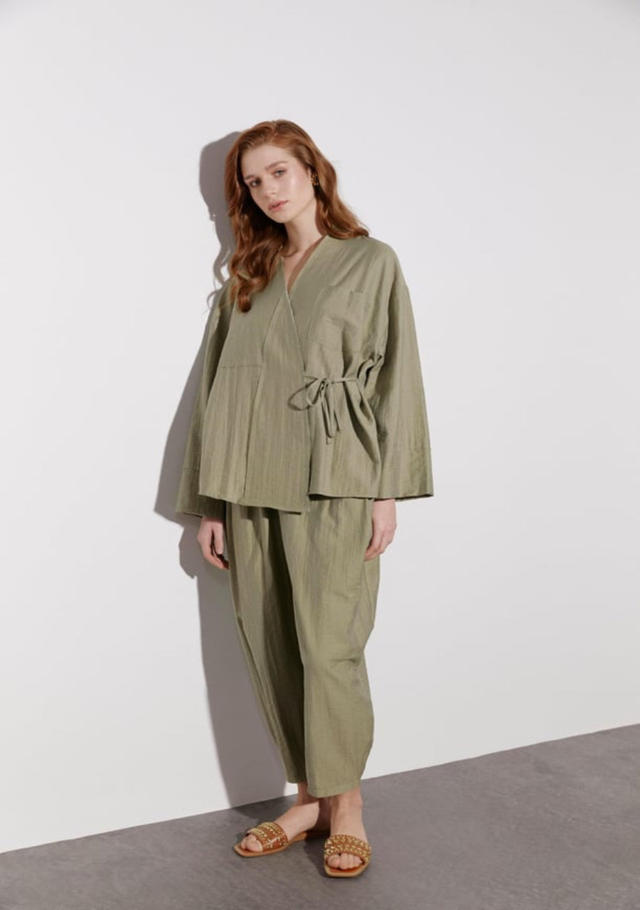 Salvar Style Pants & Kimono Side Tie Set Khaki