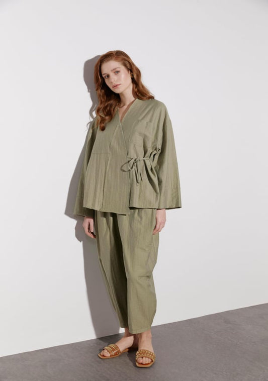 Salvar Style Pants & Kimono Side Tie Set Khaki