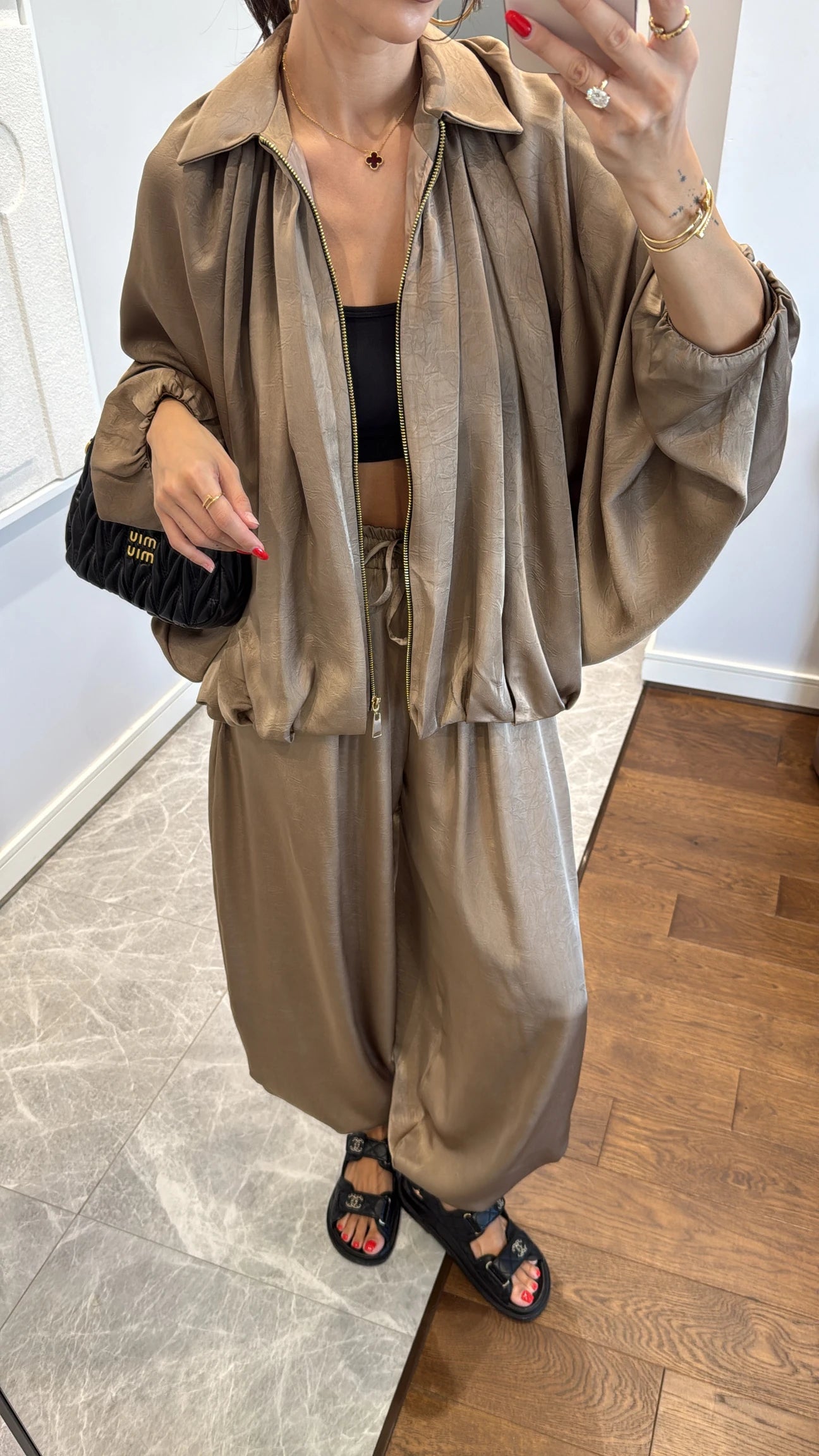 Satin Bomber Jacket and Pants Set Beige