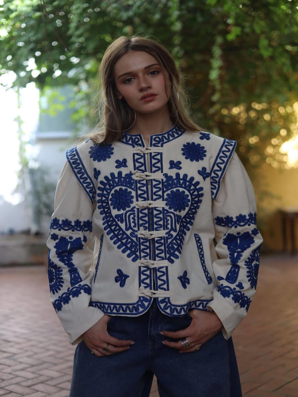 Blue Embroidered Asian Design Jacket Top