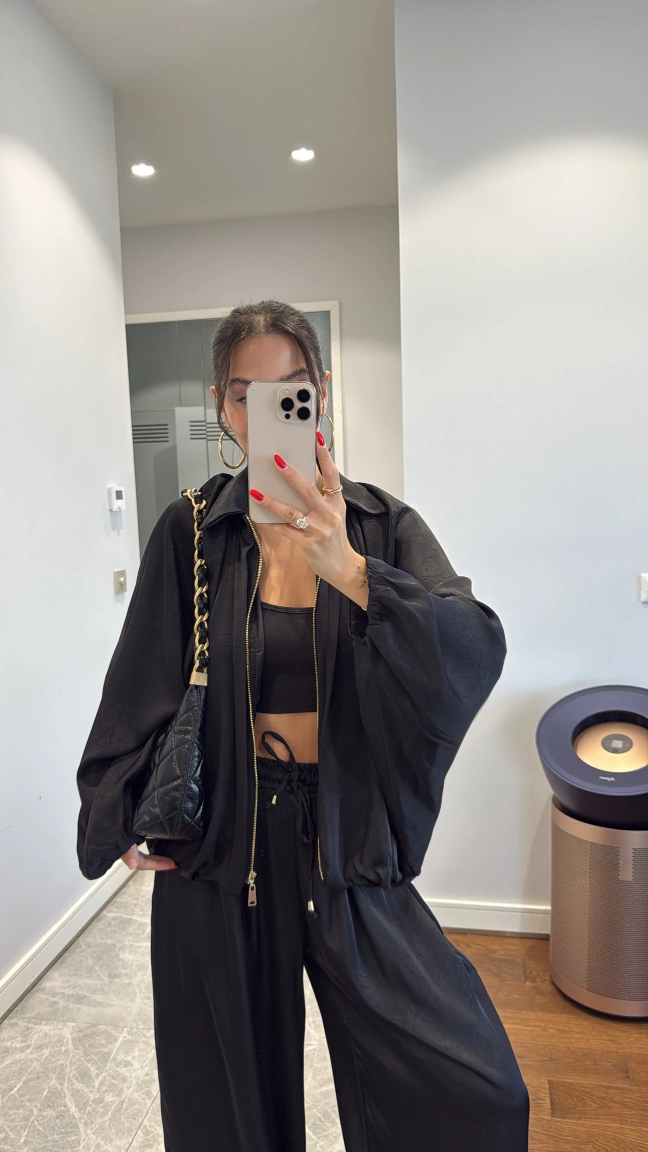 Satin Bomber Jacket and Pants Set Black