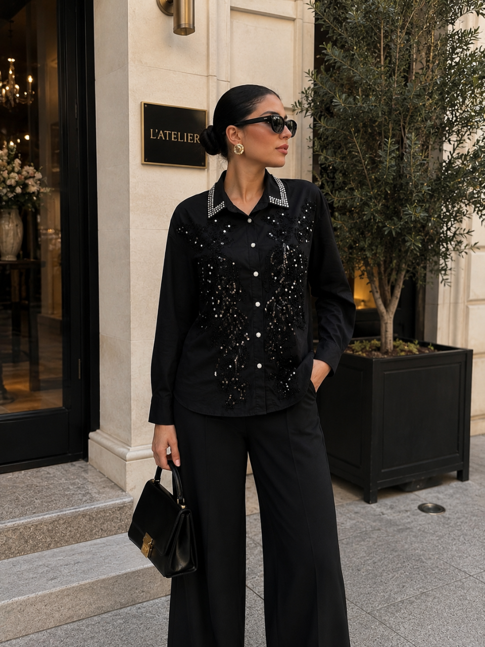 Pearl Embellished Statement Shirt Black