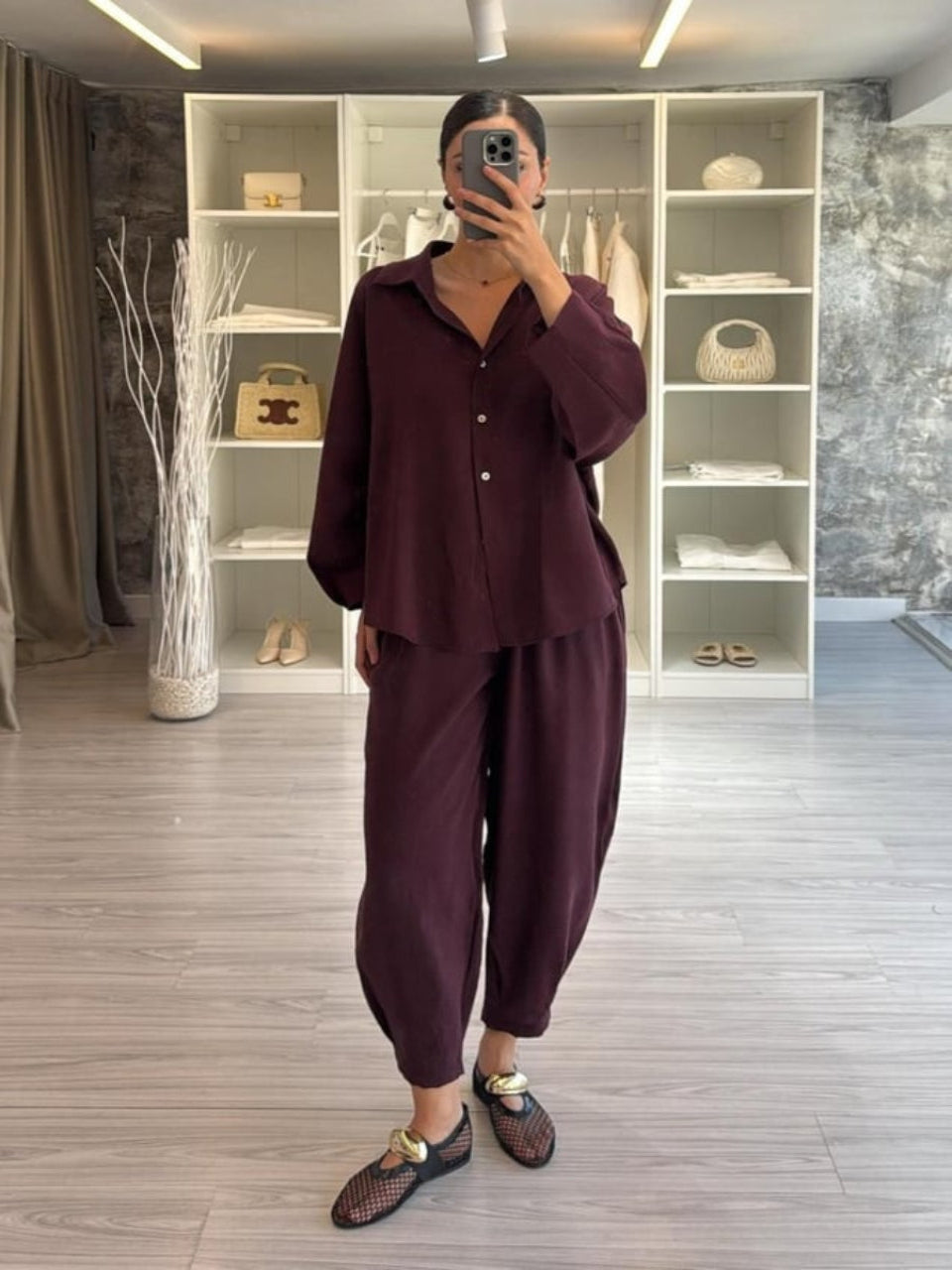 Burgundry Luxe Tencel Co-Ord — Relaxed Balloon Pants & Button-Down Top