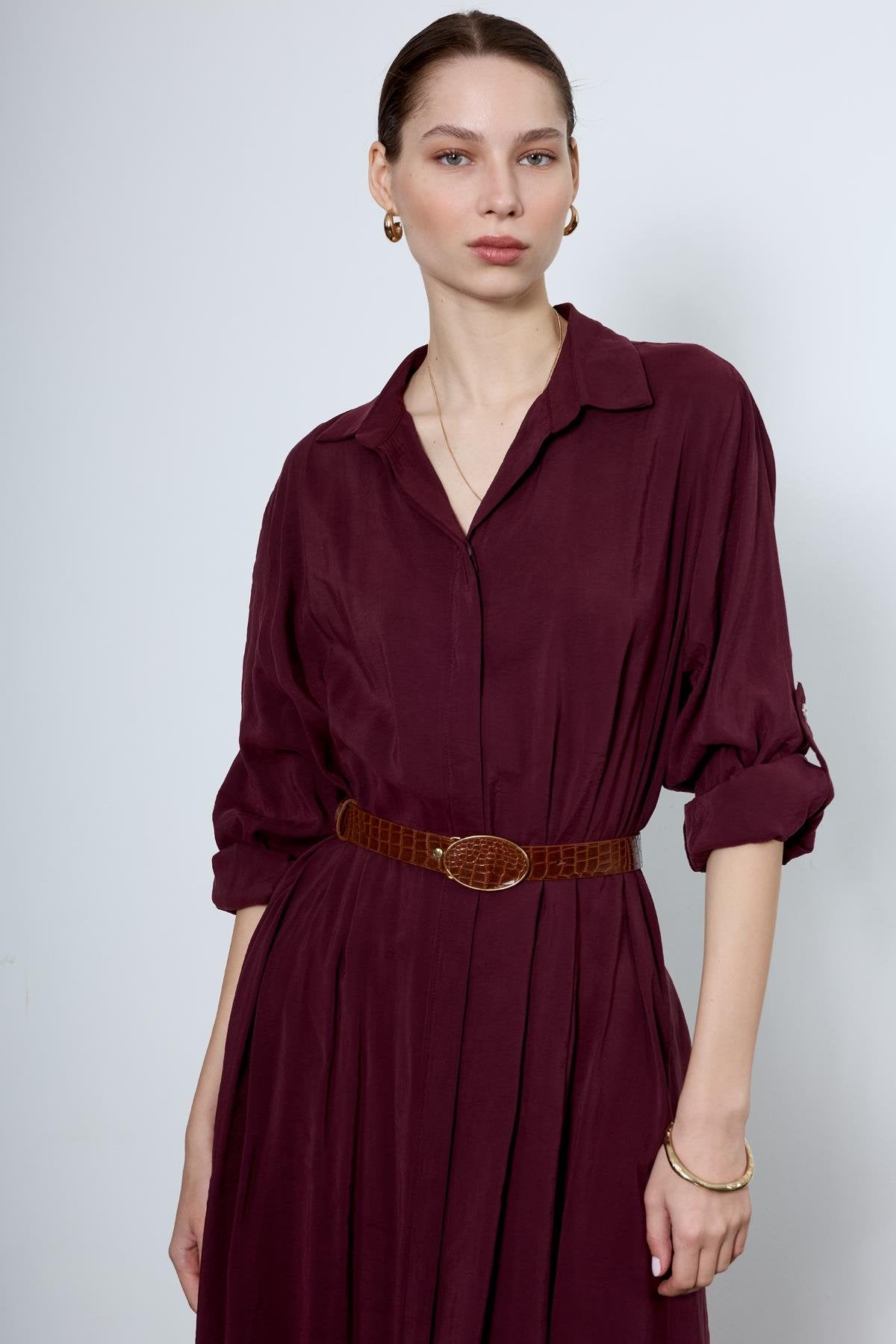 The Tencel Belted Shirt Dress Burgundy - Standard Size