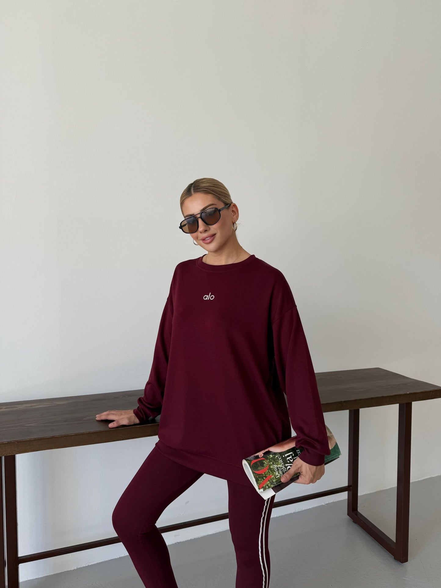 Off-Duty Luxe Crew Set with Headband Burgundy