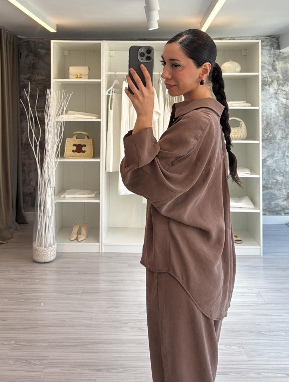 Coffee Luxe Tencel Co-Ord — Relaxed Balloon Pants & Button-Down Top