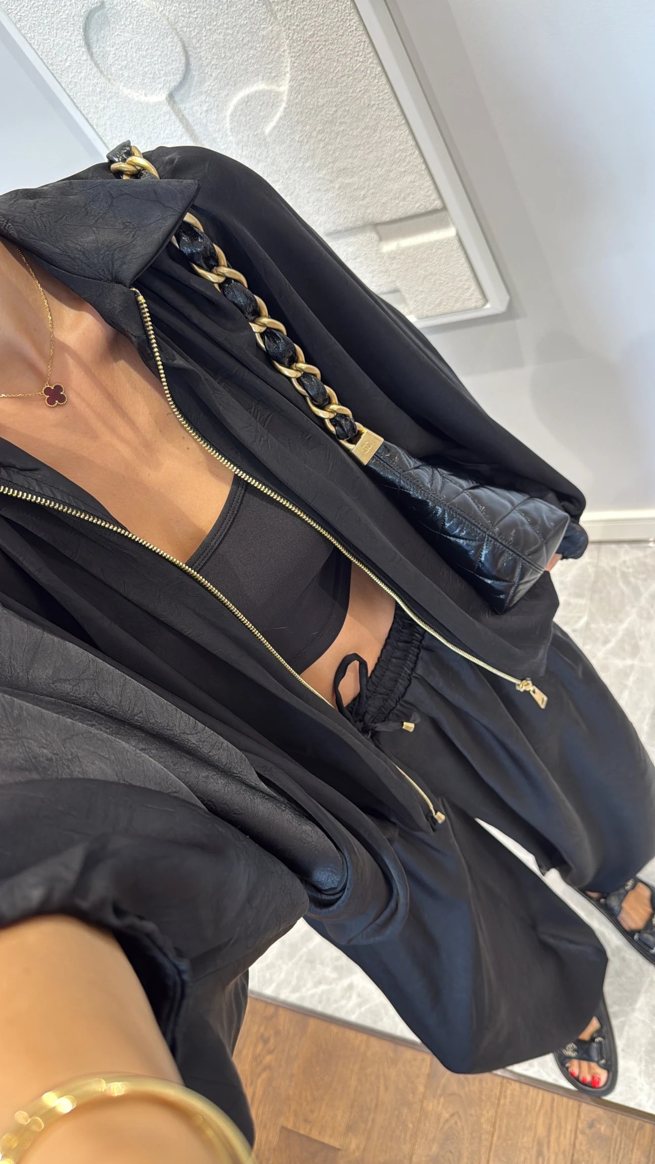 Satin Bomber Jacket and Pants Set Black