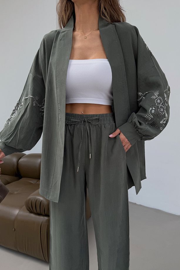 Green Blossom Beaded Tencel Kimono Set