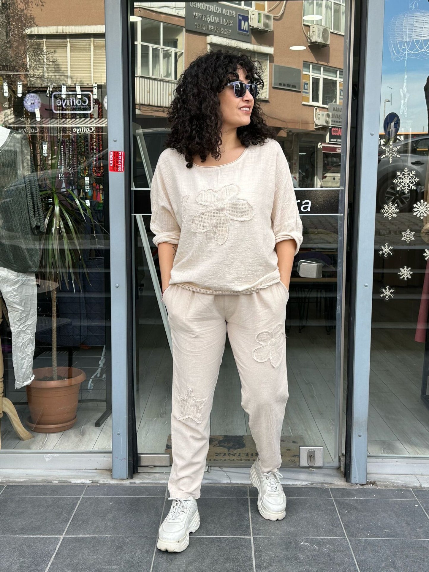 Cotton Boho Sequin Set Cream