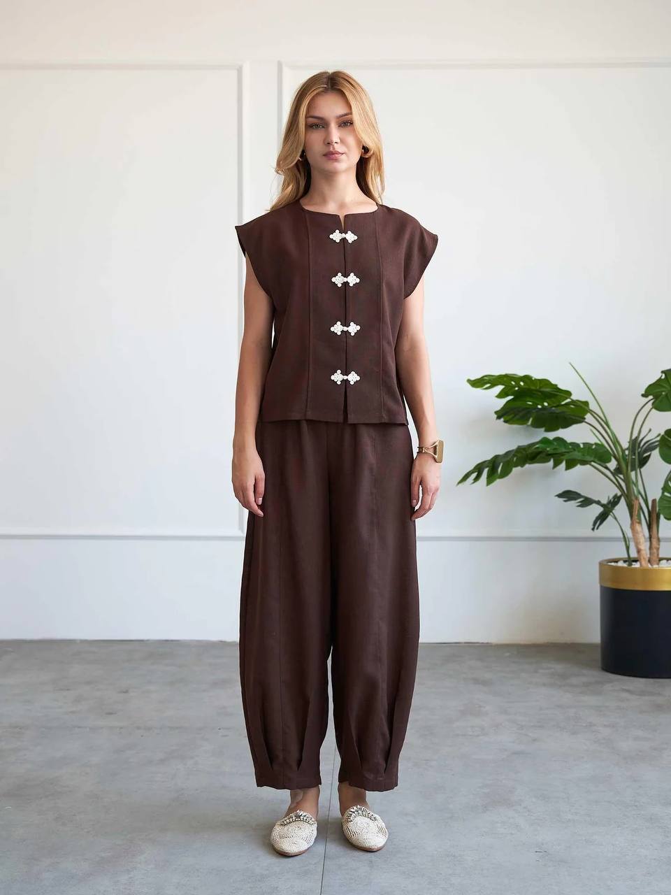 Casual Mandarin Co-Ord Brown