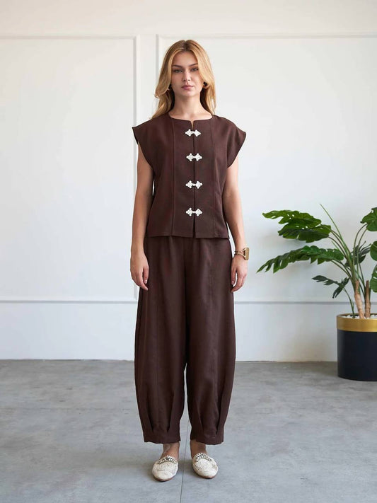 Casual Mandarin Co-Ord Brown