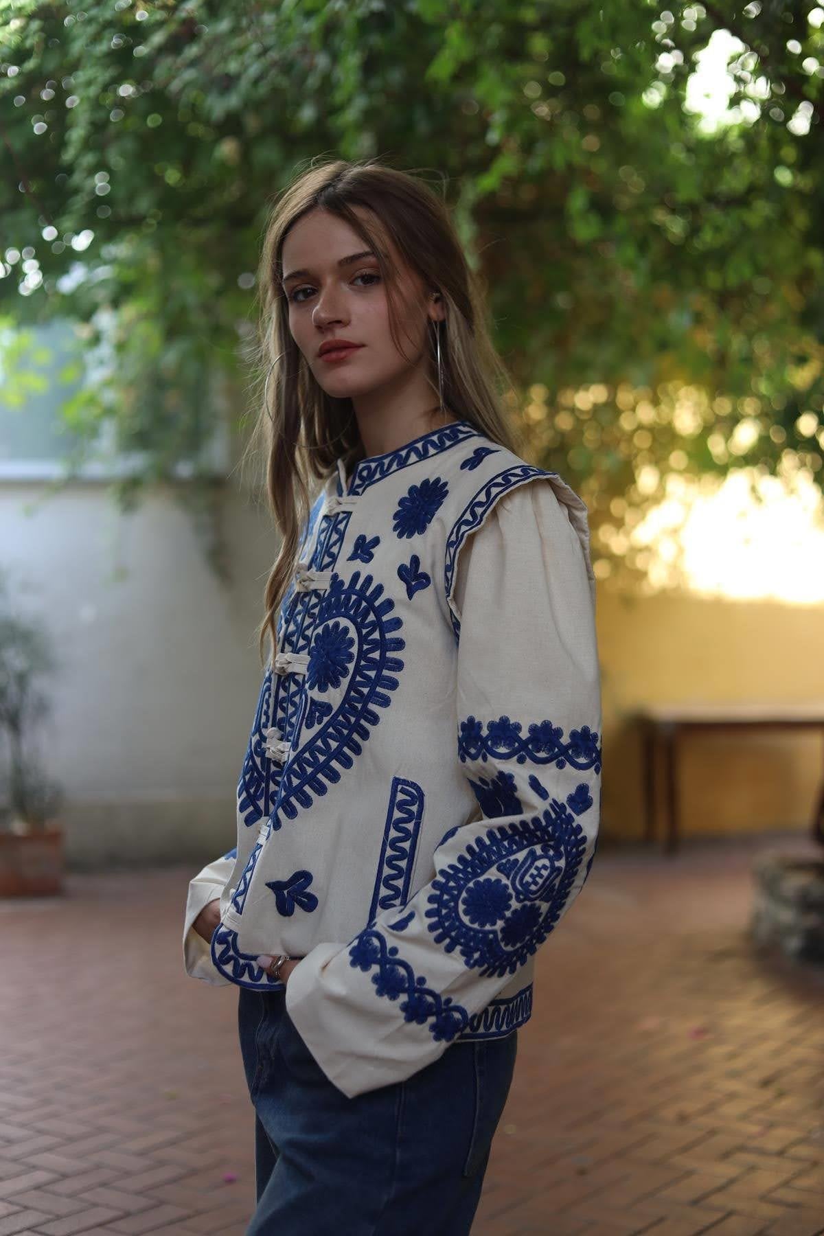Blue Embroidered Asian Design Jacket Top