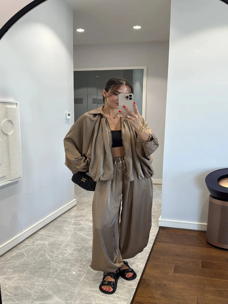 Satin Bomber Jacket and Pants Set Beige