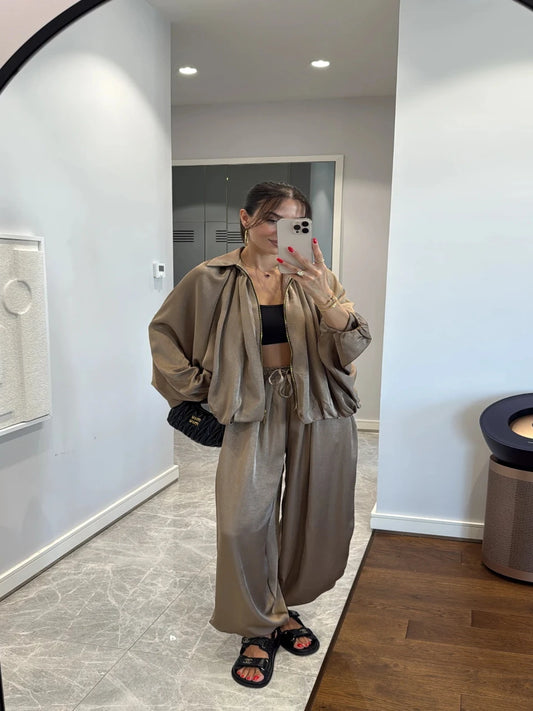 Satin Bomber Jacket and Pants Set Beige