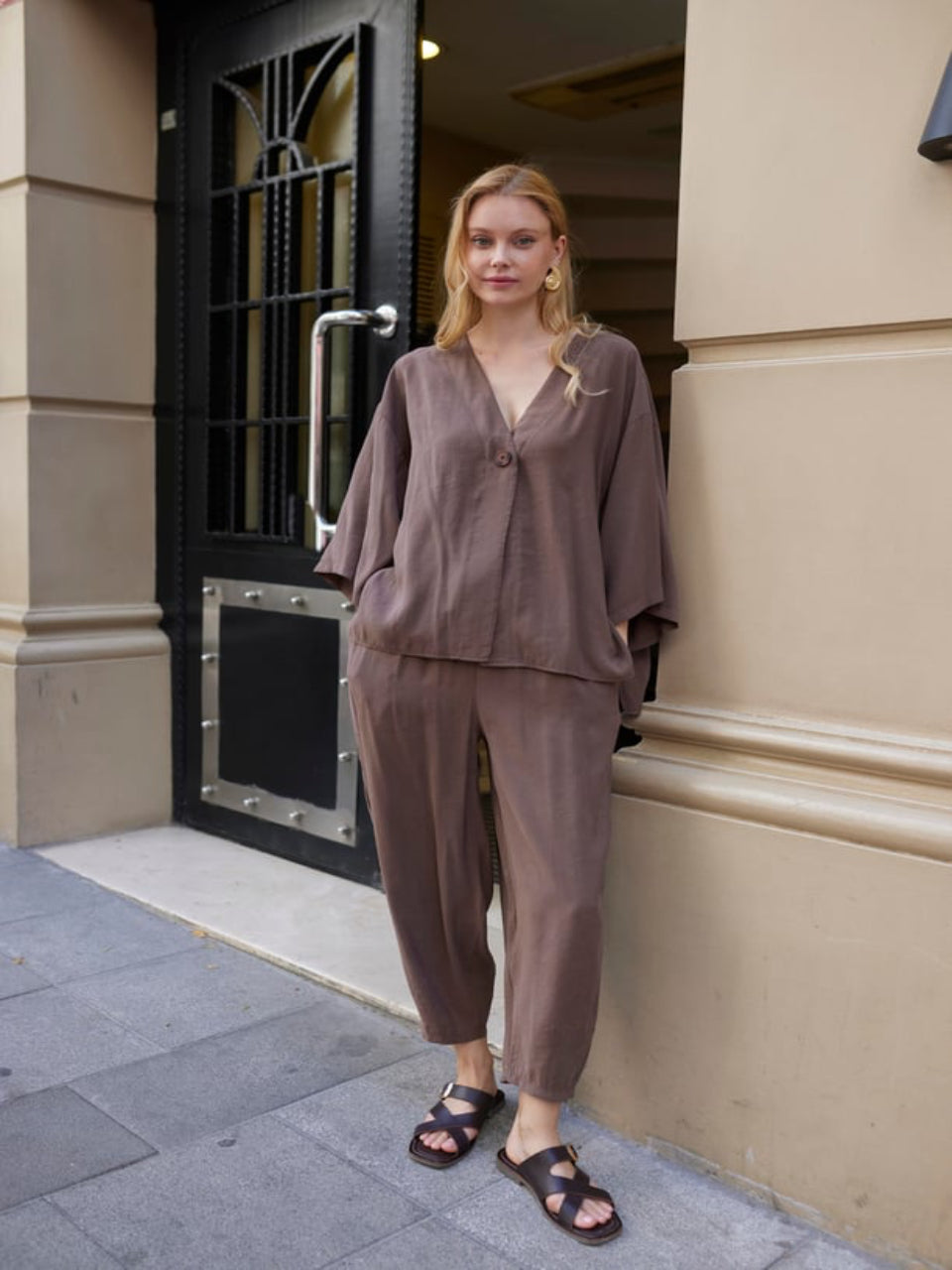 Coffee Luxe Tencel Co-Ord — Single-Button Top & Tapered Pants