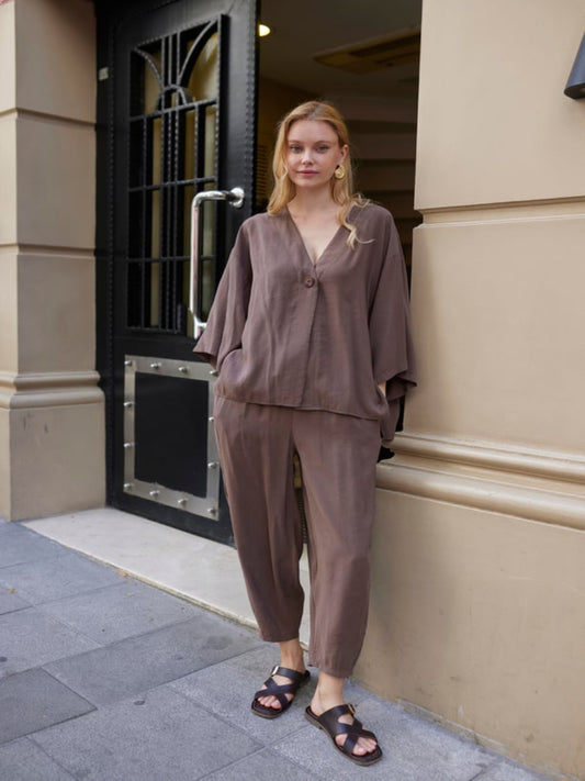 Coffee Luxe Tencel Co-Ord — Single-Button Top & Tapered Pants