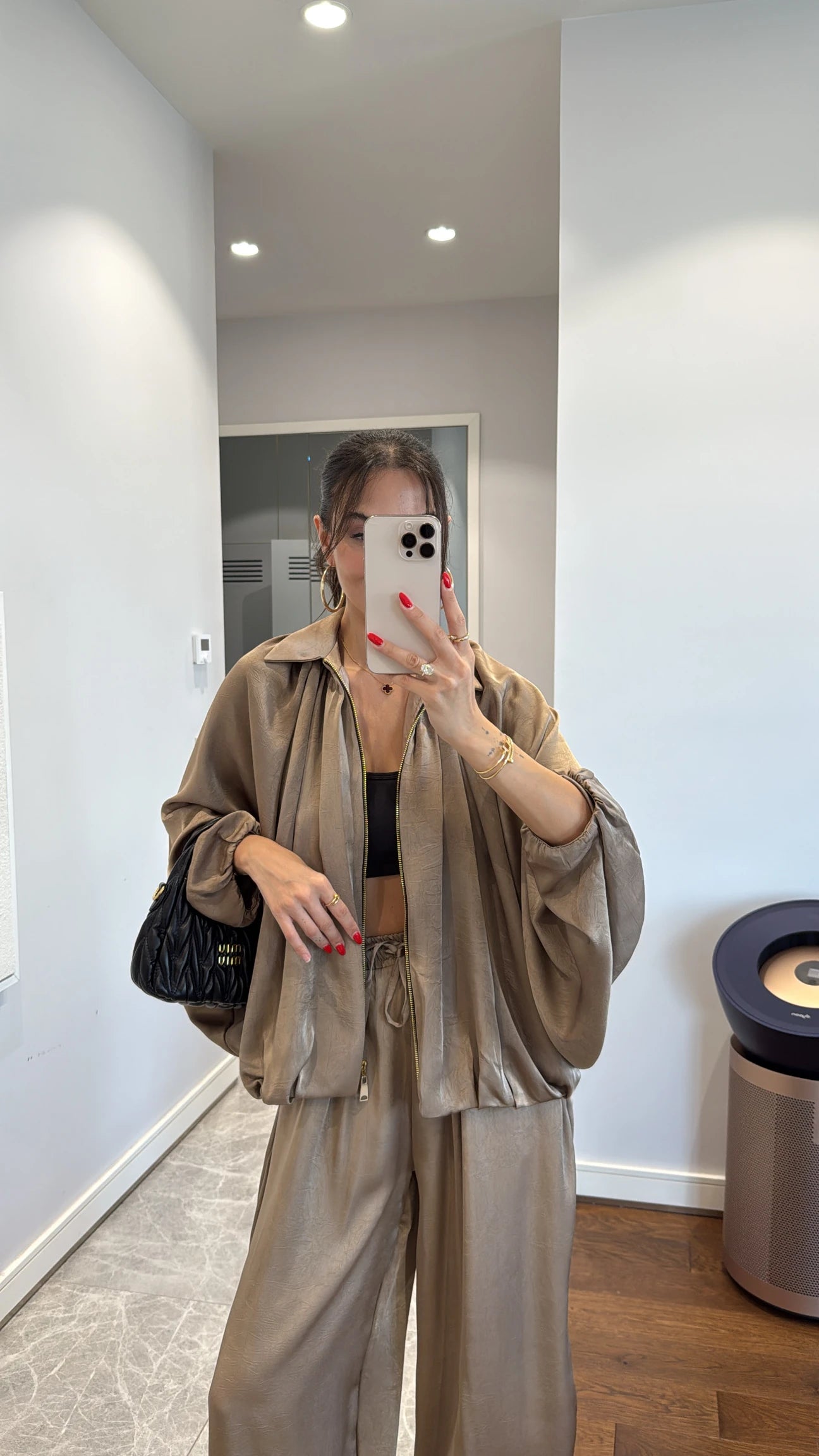 Satin Bomber Jacket and Pants Set Beige