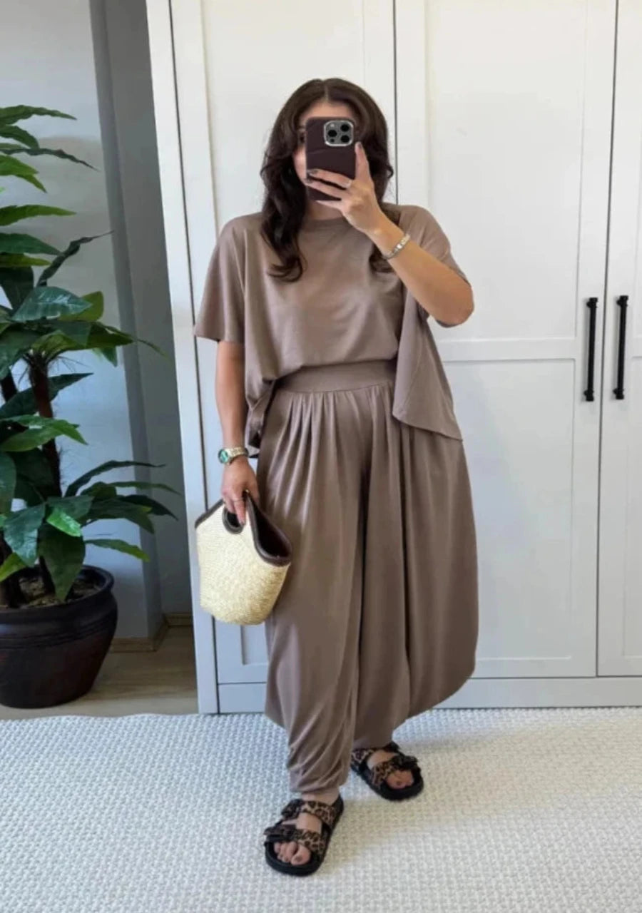 Smokey Taupe Soft Modal Tee & Salwar Balloon Pants Set