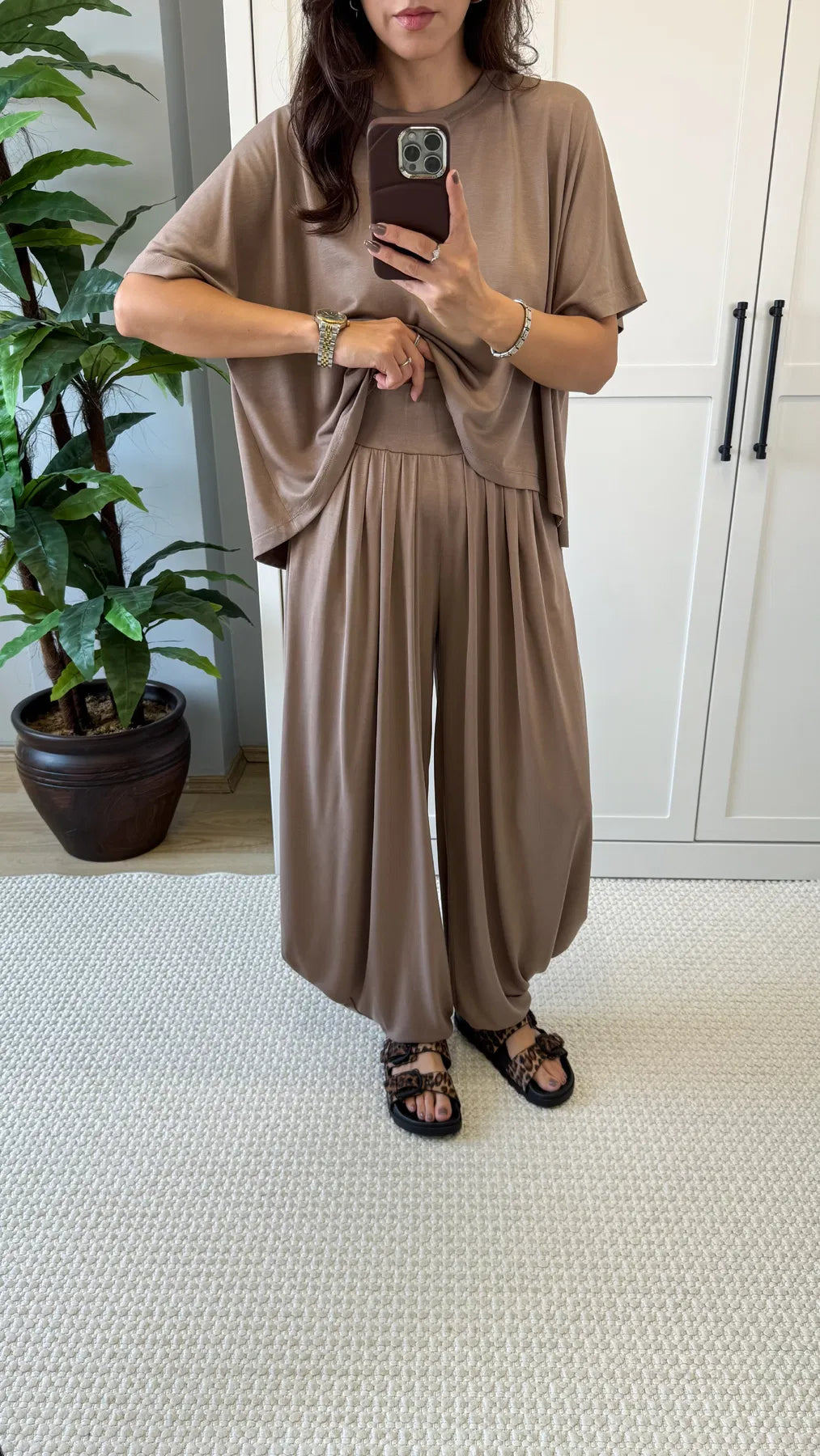 Smokey Taupe Soft Modal Tee & Salwar Balloon Pants Set