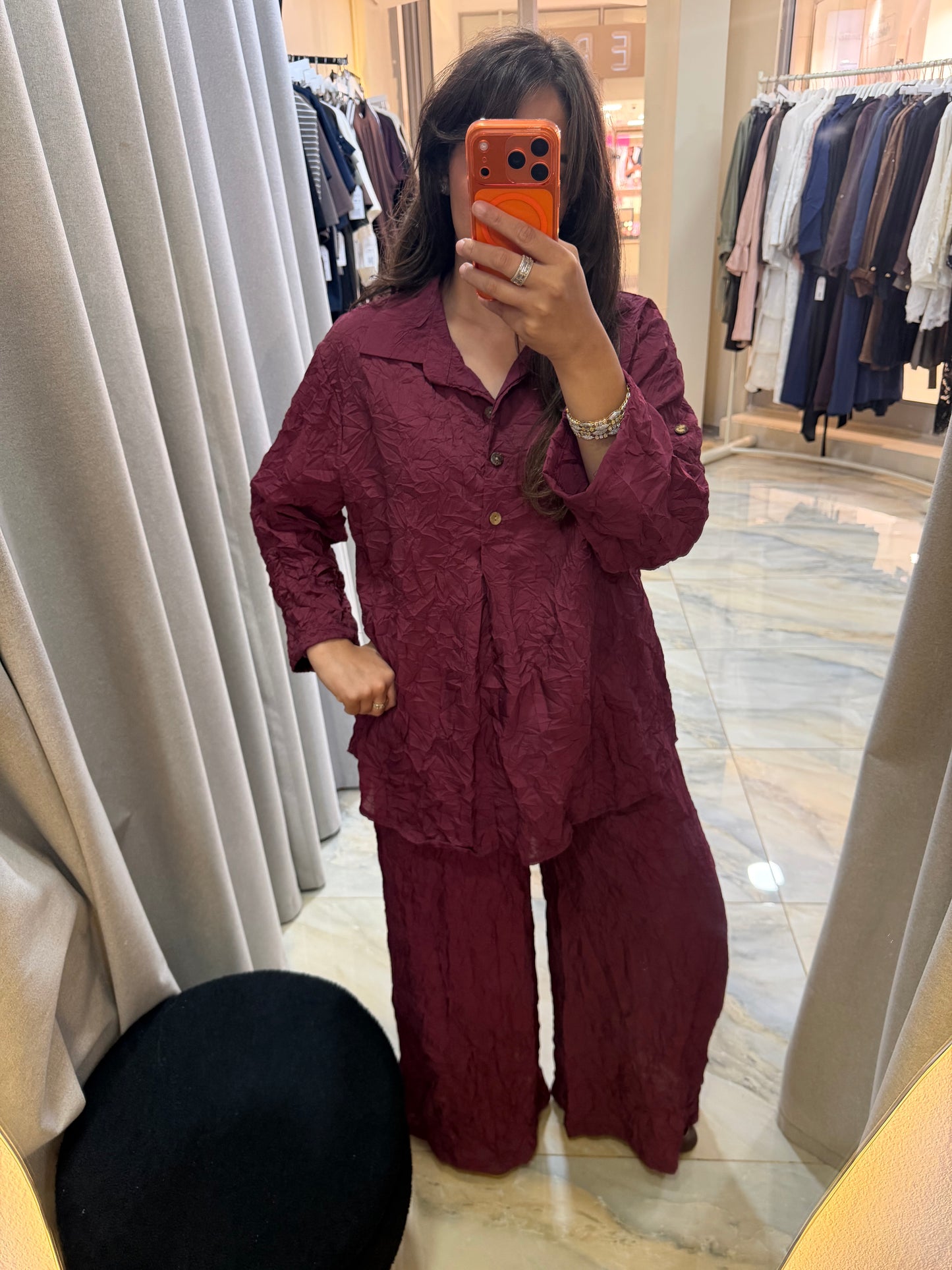 Crinkle Wide-Leg Set Burgundy