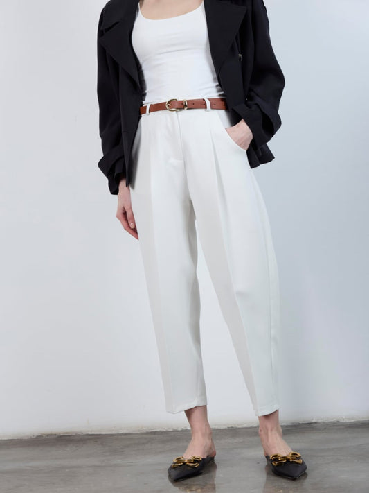 High-Waisted Belted Carrot Pants Cream