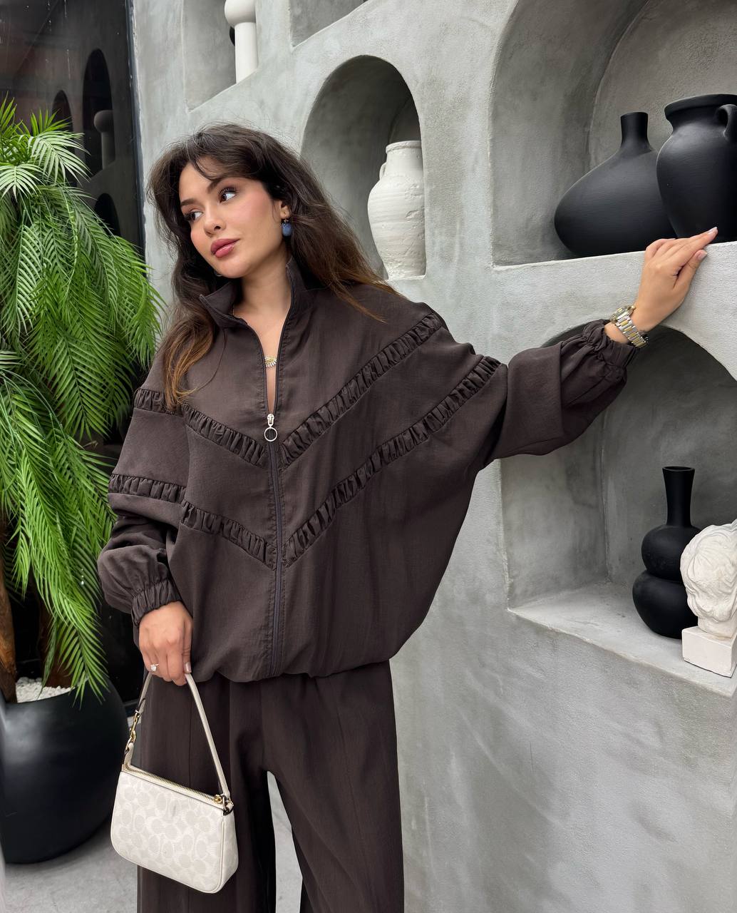 Tencel Ruffle Seam Co-Ord Set Brown