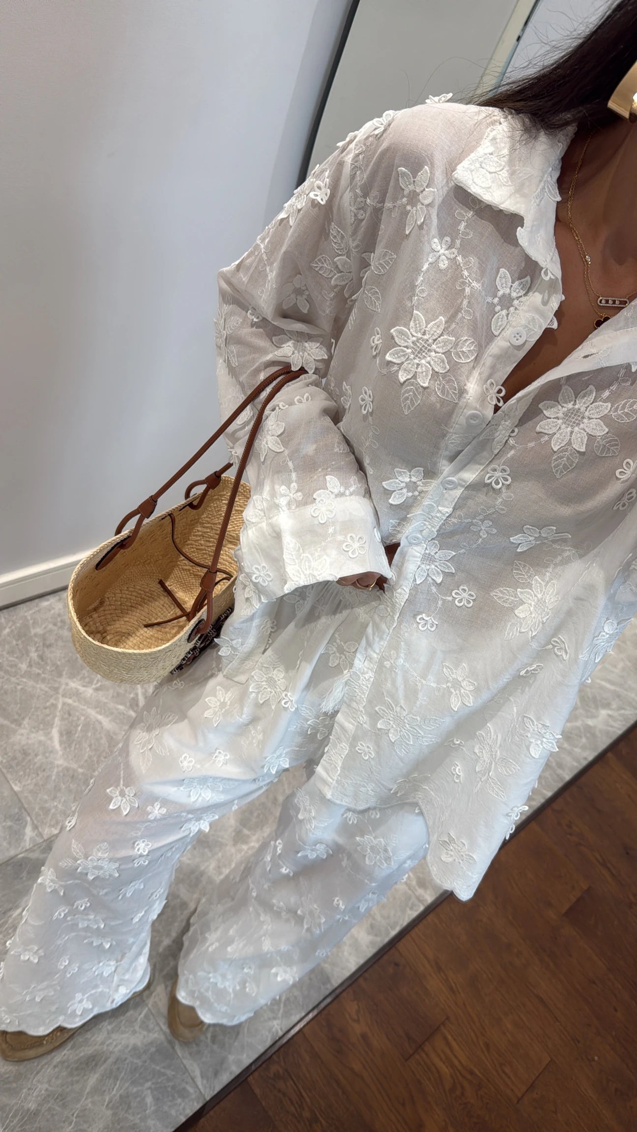 White Floral Appliqué Shirt & Pants Set