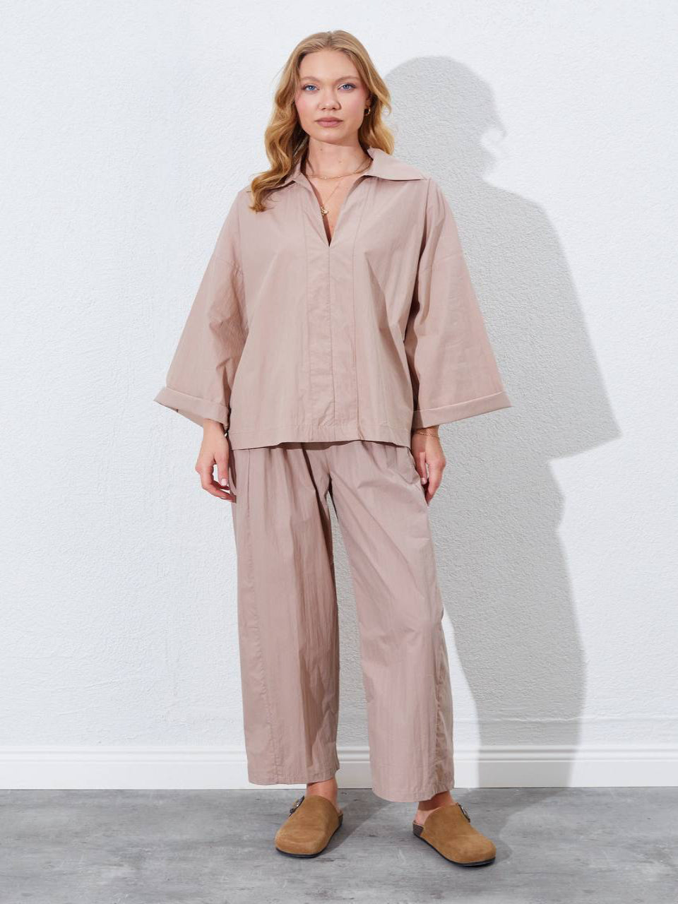 Beige V-Neck Parachute Co-ord