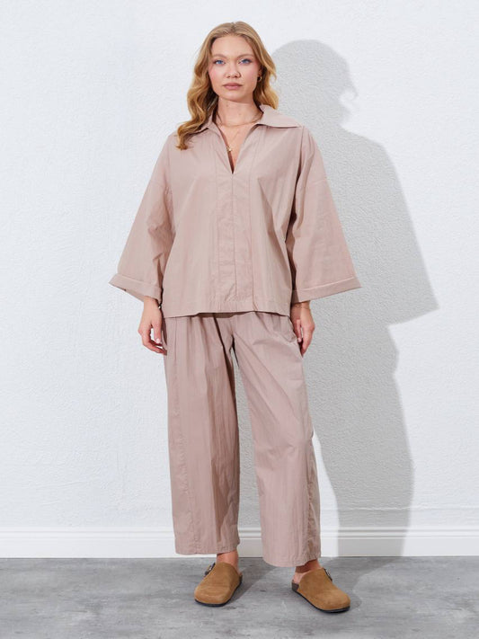 Beige V-Neck Parachute Co-ord