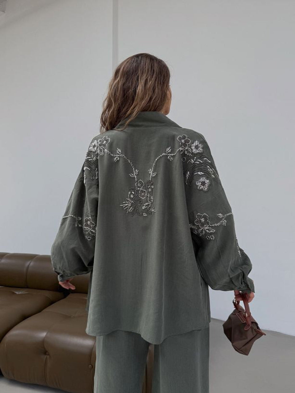 Green Blossom Beaded Tencel Kimono Set
