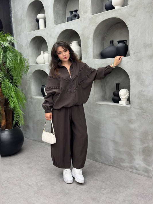 Tencel Ruffle Seam Co-Ord Set Brown