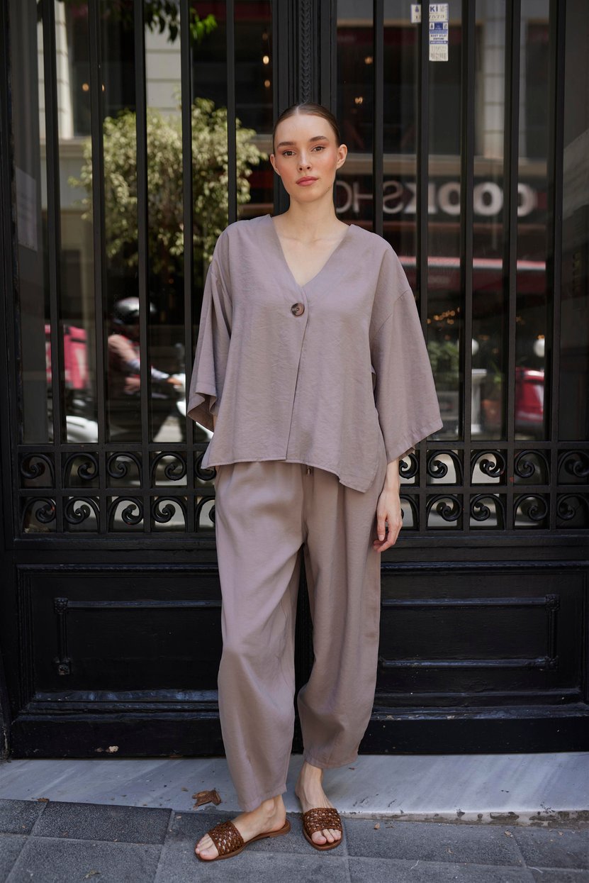 Taupe Luxe Tencel Co-Ord — Single-Button Top & Tapered Pants
