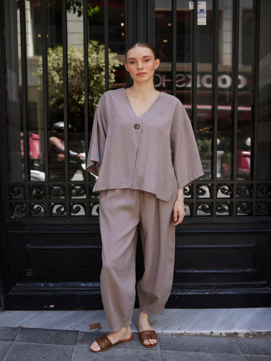 Taupe Luxe Tencel Co-Ord — Single-Button Top & Tapered Pants