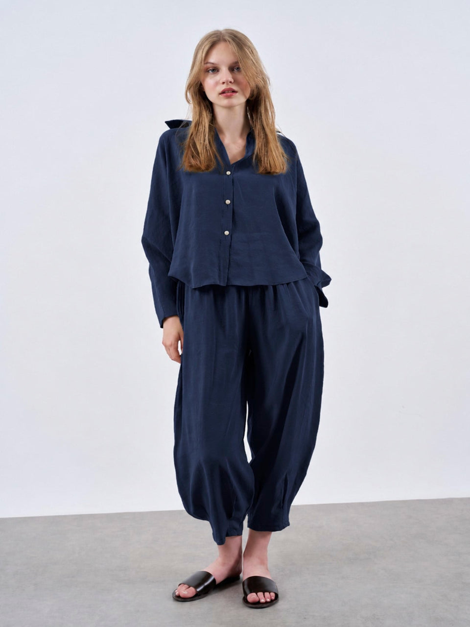 Navy Blue Luxe Tencel Co-Ord — Relaxed Balloon Pants & Button-Down Top