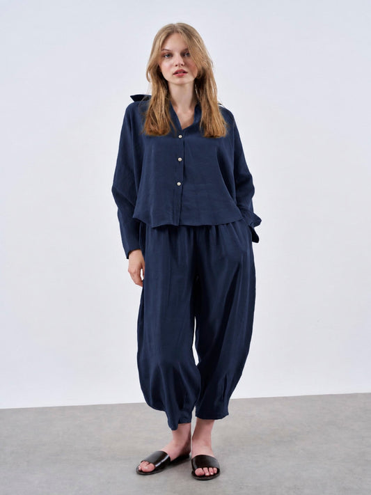Navy Blue Luxe Tencel Co-Ord — Relaxed Balloon Pants & Button-Down Top