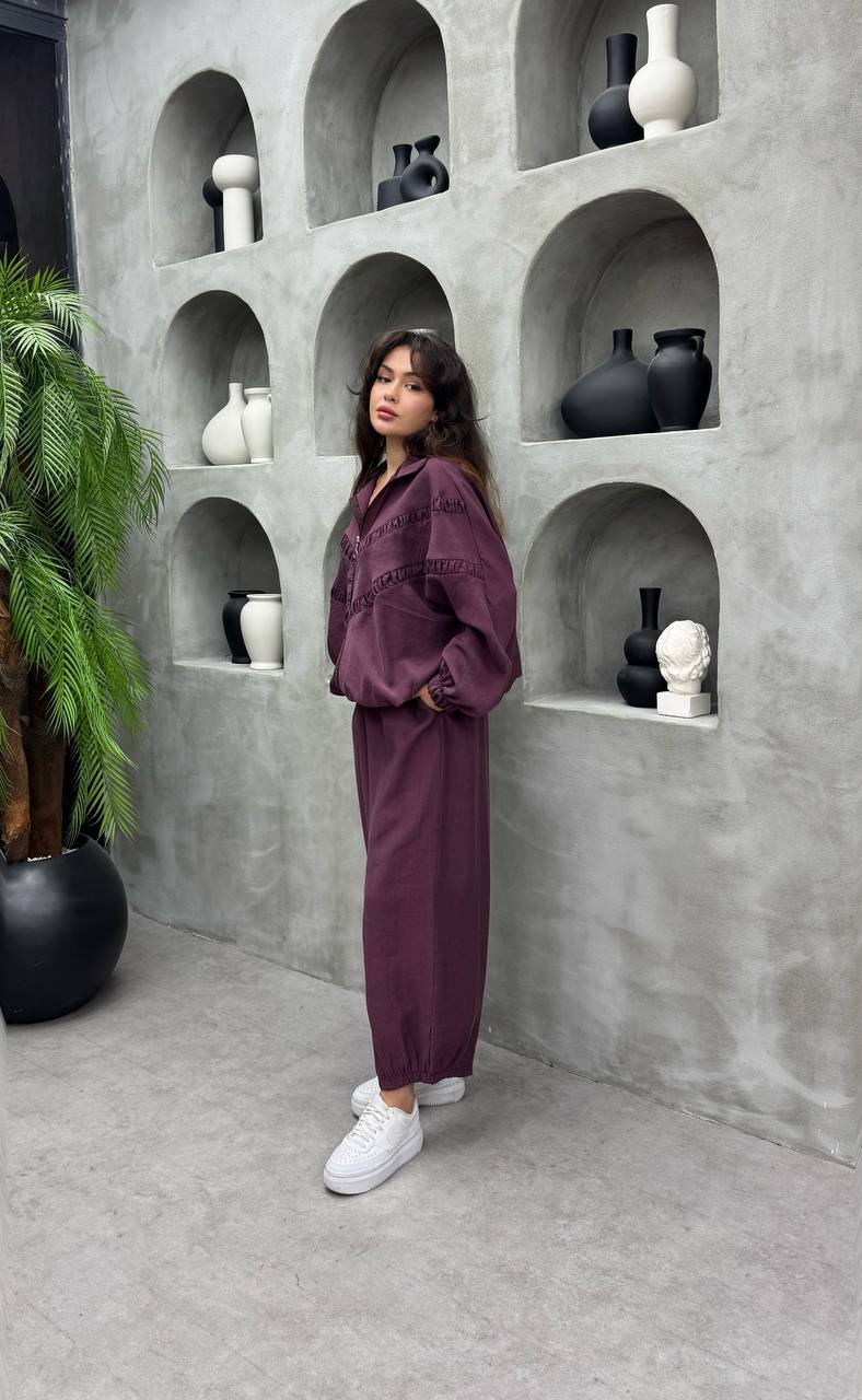 Tencel Ruffle Seam Co-Ord Set Burgundy