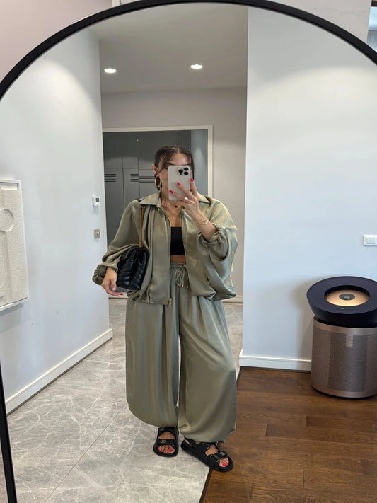 Satin Bomber Jacket and Pants Set Green