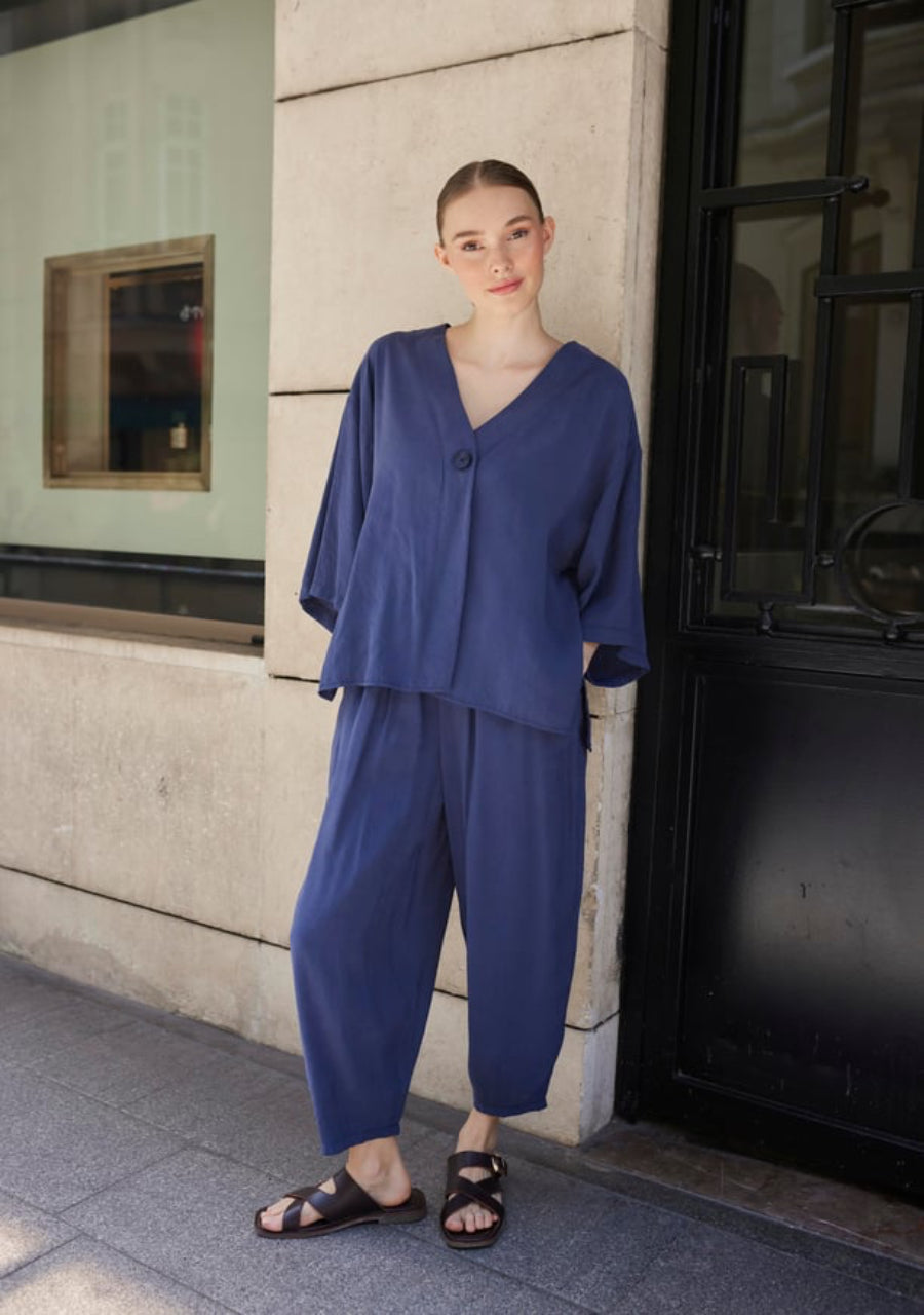 Navy Luxe Tencel Co-Ord — Single-Button Top & Tapered Pants