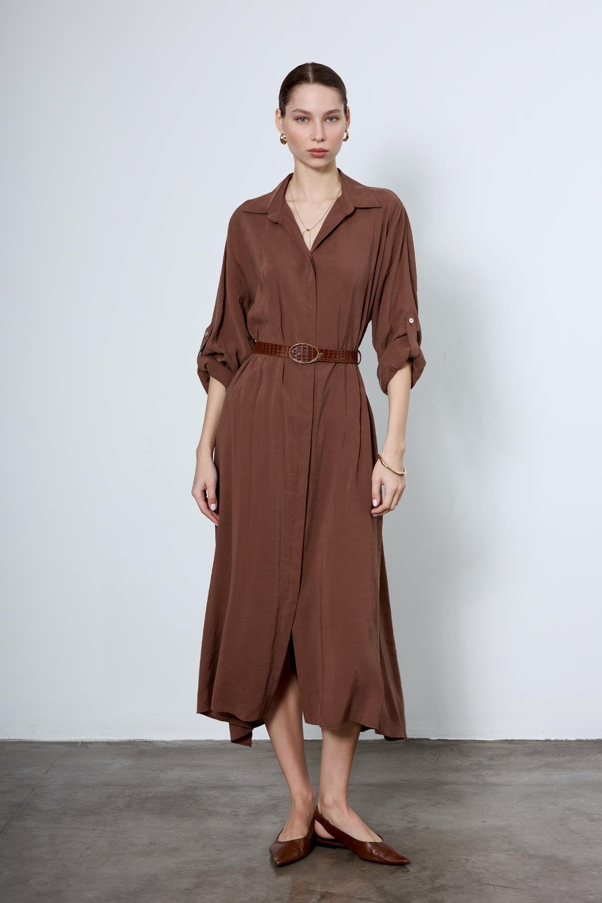 The Tencel Belted Shirt Dress Brown - Standard Size