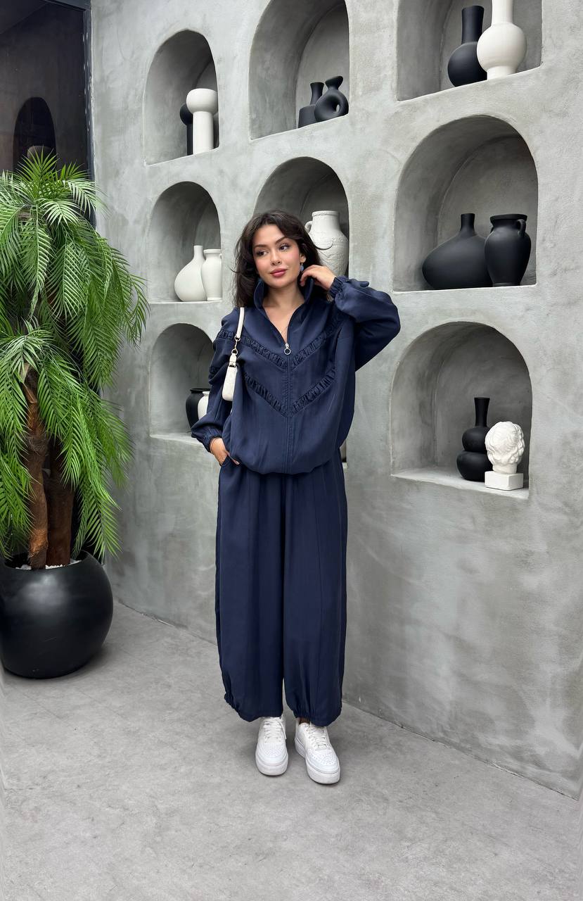 Tencel Ruffle Seam Co-Ord Set Navy
