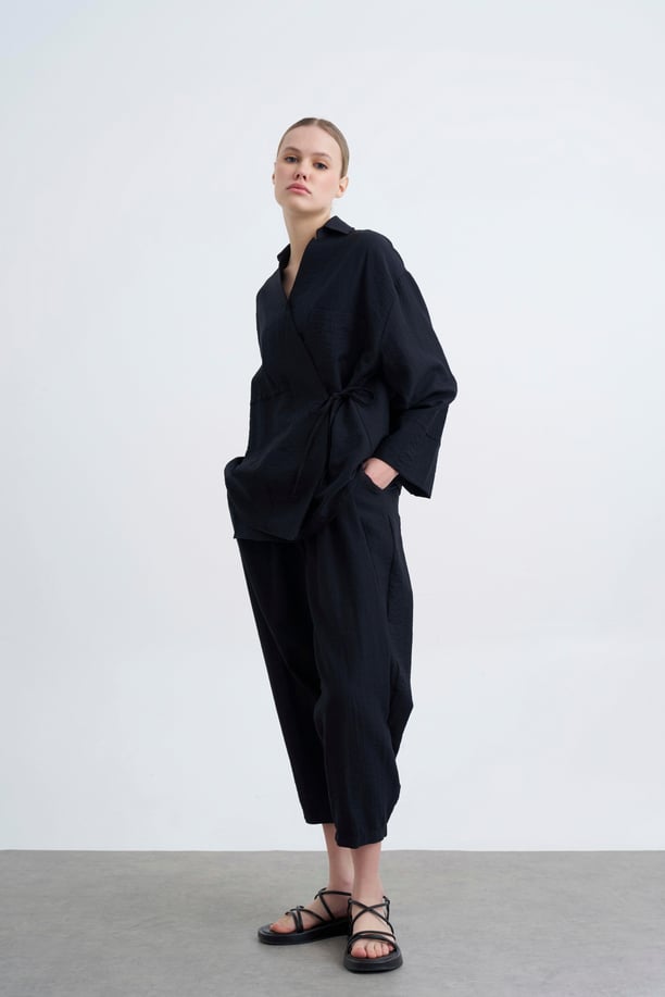 Salvar Style Pants & Kimono Side Tie Set Black