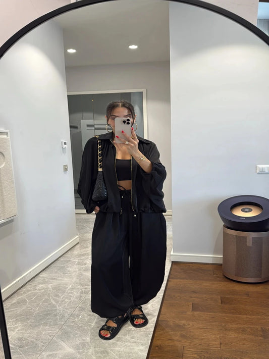 Satin Bomber Jacket and Pants Set Black