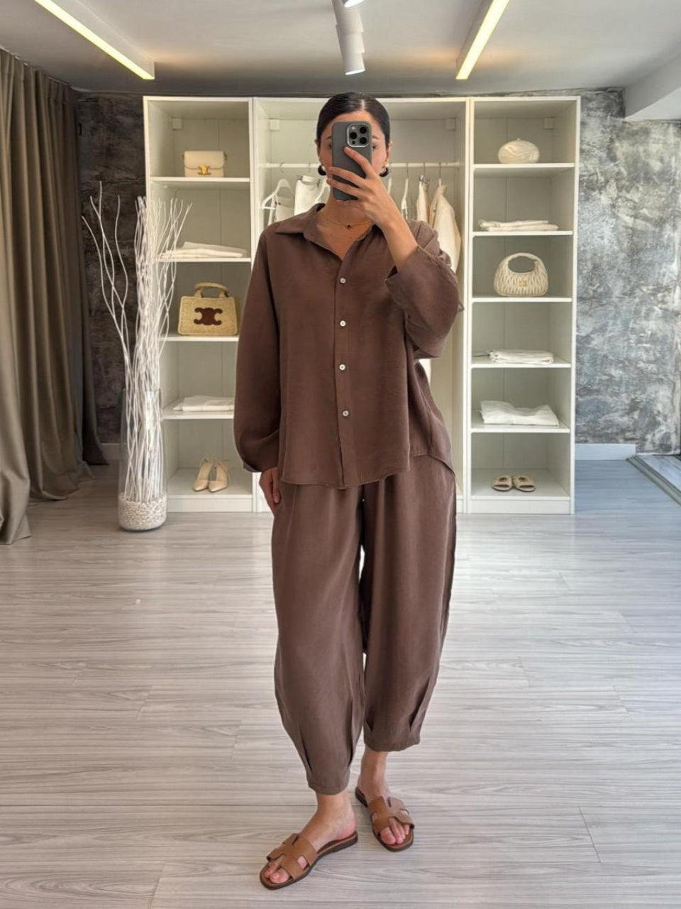Coffee Luxe Tencel Co-Ord — Relaxed Balloon Pants & Button-Down Top
